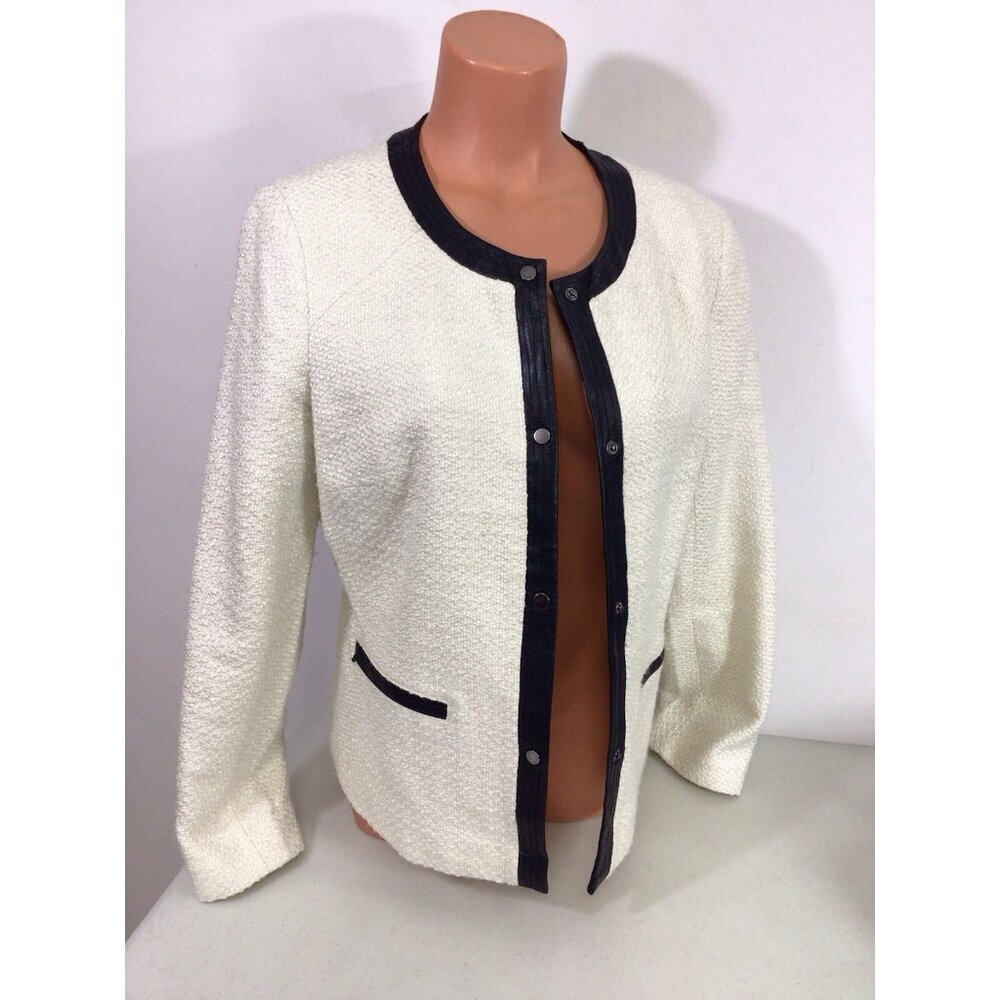 Talbots Tweed Blazer Jacket Faux Leather Trim Womens 12
